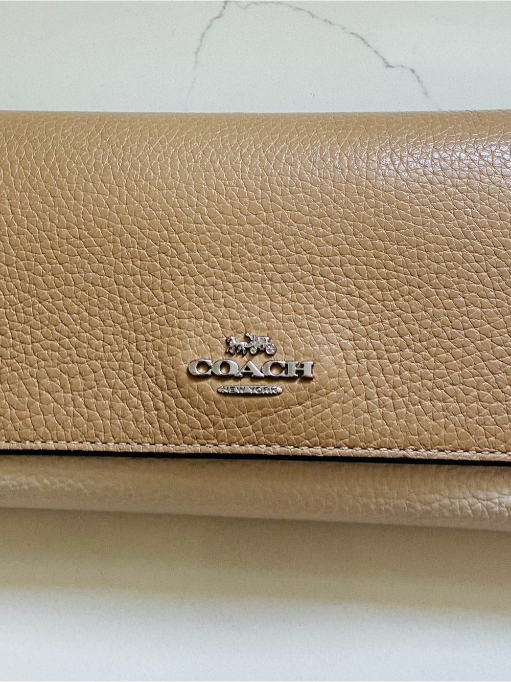 Coach Pebbled Leather Wallet Clutch in Camel Brown with Silver Hardware